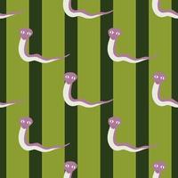 Lilac funny snakes silgouettes seamless doodle pattern in hand drawn style. Green striped background. vector