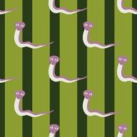 Lilac funny snakes silgouettes seamless doodle pattern in hand drawn style. Green striped background. vector