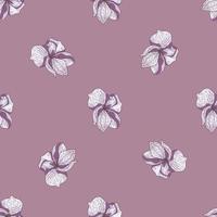 Minimalistic seamless pattern with outline flower elements print. Pale purple background. Simple style. vector