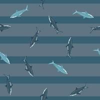 Seamless pattern Tiger shark on striped gray teal background. Texture of marine fish for any purpose. vector