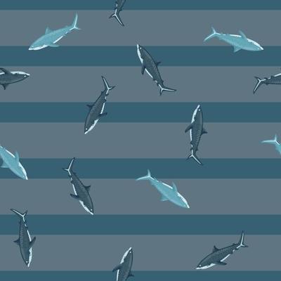 Seamless pattern Tiger shark on striped gray teal background. Texture of marine fish for any purpose.