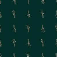 Minimalistic scary seamless pattern with simple skeleton hands shapes. Green dark background. vector