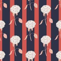 White colored decorative hydrangea flower silhouettes print. Pink and navy blue striped background. vector