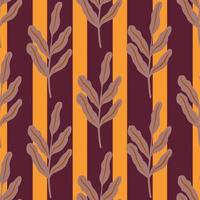 Abstract seamless doodle pattern with simple style foliage ornament. Maroon and orange striped background. vector