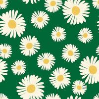 Seamless pattern with doodle random white colored daisy flowers print. Green background. Scrapbook nature print. vector