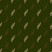 Beige and brown colored leaf branches silhouettes seamless pattern. Green background. Vintage backdrop. vector