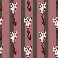 Outline flowers seamless doodle pattern in simple style. Striped background in pink colors. vector
