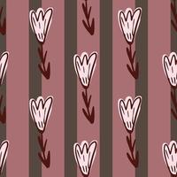 Outline flowers seamless doodle pattern in simple style. Striped background in pink colors. vector