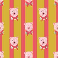 Bright seamless pattern with pink bear head ornament in marine style. Pink and ocher striped background. vector