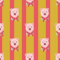 Bright seamless pattern with pink bear head ornament in marine style. Pink and ocher striped background. vector