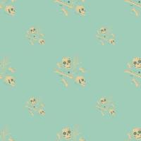 Doodle piracy seamless hand drawn pattern with light beige skull and bones ornament. Light blue background. vector