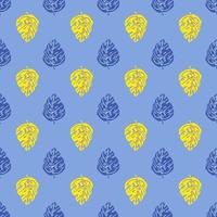 Bright seamless pattern with yellow colored monstera shapes print. Blue background. Simple design. vector