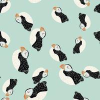 Seamless random pattern with black and white colored puffin shapes. Blue background. Atlantic zoo artwork. vector