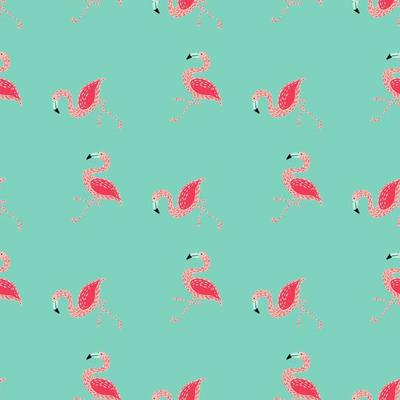 Random bright seamless pattern with pink flamingo simple elements. Blue background. Exotic animal shapes.