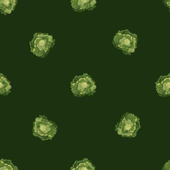 Seamless pattern Butterhead salad on dark green background. Minimalistic ornament with lettuce. vector