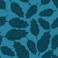 Botanic seamless pattern with random doodle navy blue autumn foliage. Leaf print on blue light background. vector