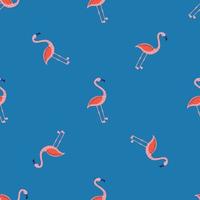 Exotic wild nature seamless pattern with little bright flamingo print. Blue background. Simple design. vector