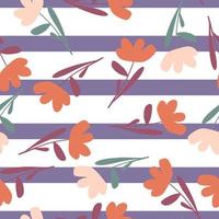 Orange and pink random ditsy flowers print seamless pattern. Purple and white striped background. vector