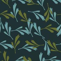 Hand drawn abstract random seamless pattern with simple leaf ornament. Dark navy blue background. vector