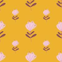 Pink colored simple flowers silhouettes seamless pattern. Summer botanic print. Yellow background. vector