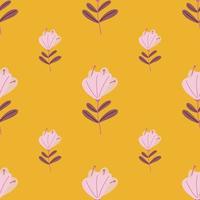 Pink colored simple flowers silhouettes seamless pattern. Summer botanic print. Yellow background. vector