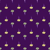 Seamless pattern with hand drawing wild flowers on purple background. Vector floral template in doodle style. Gentle summer botanical texture.