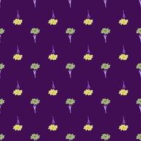 Seamless pattern with hand drawing wild flowers on purple background. Vector floral template in doodle style. Gentle summer botanical texture.