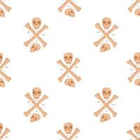 Isolated seamless pattern with doodle cartoon skulls and bones ornament. Beige punk print with white background. vector