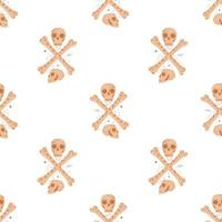 Isolated seamless pattern with doodle cartoon skulls and bones ornament. Beige punk print with white background. vector