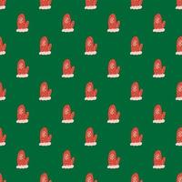 Bright seamless pattern with christmas wool mittens ornament. Red print on green background. vector