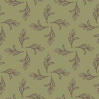 Seamless pale pattern with outline simple foliage branches shapes. Green background. Plants ornament. vector