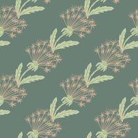 Hand drawn seamless pattern with pink dandelion ornament in pale colors. Green dark background. vector