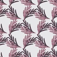 Seamless geometric style pattern with purple doodle leaves branches shapes. Light grey background. vector