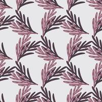 Seamless geometric style pattern with purple doodle leaves branches shapes. Light grey background. vector