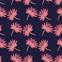 Bloom seamless flora pattern with botanic daisy flowers elements print. Dark purple background. vector