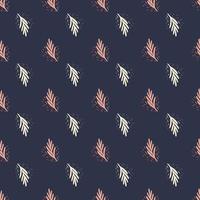 Seamless pattern leaf palm on dark blue background. Vector foliage template in doodle style. Modern tropical texture.
