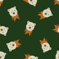 Seamless random pattern with doodle bear head ornament. Green olive background. Simple design. vector