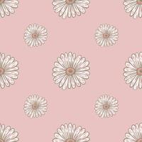 Tender seamless pattern with white contoured sunflower elements print. Pastel pink background. vector