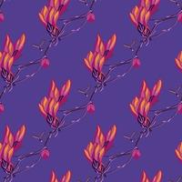 Seamless pattern Magnolias on purple background. Beautiful texture with bright red flowers. vector