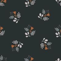 Minimalistic seamless pattern with folk botanical ornament. Dark navy blue background. Nature backdrop. vector