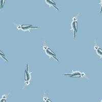 Minimalistic style seamless random pattern with little cockatoo parrot print. Blue background. vector
