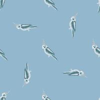 Minimalistic style seamless random pattern with little cockatoo parrot print. Blue background. vector