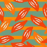 Bright summer seamless foliage pattern with orange random leaf silhouettes print. Striped blue background. vector