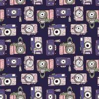 Seamless pattern cameras in doodle on dark background. Vintage texture retro camera for fabric with purple and pink colors. Modern hipster art in flat style. vector