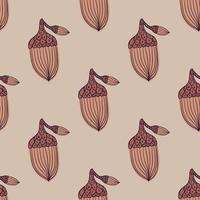 Beige and brown contoured acorn shapes seamless pattern. Grey background. Decorative scrapbook ornament. vector