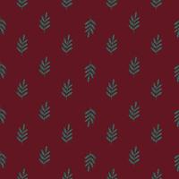 Green colored foliage ornament seamless pattern. Doodle diagonal ornament with maroon background. vector