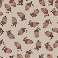 Random seamless hand drawn pattern with doodle beige acorn ornament. Grey background. Nature artwork. vector