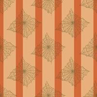 Seamless pattern spider web isolated on orange striped background. Outline spooky cobwebs template for fabric. vector