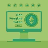 The Monitor Showing The Asset That Can Be Purchased. NFT graphic asset. Flat vector illustration isolated on green background.