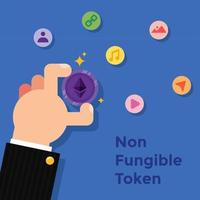 The Hand Holding A Coin and Trying to Buy Some Assets. NFT graphic asset. Flat vector illustration isolated on blue background.